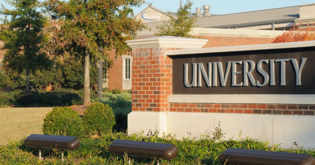 A university entrance sign surrounded by greenery, with "Skybird International" logo on top.